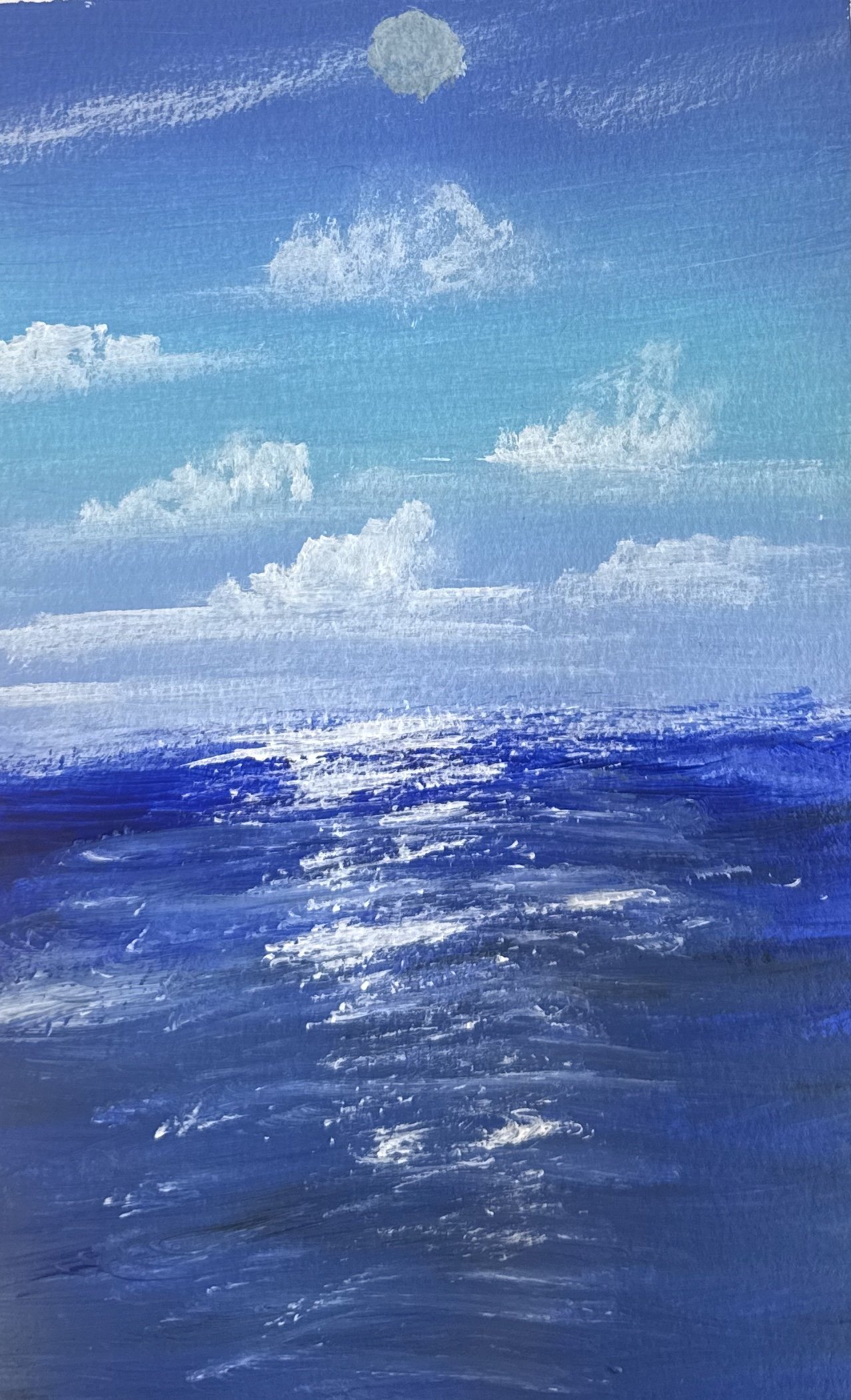 A painting of a cloudy sky over the ocean, with a full moon and light reflections on the water.