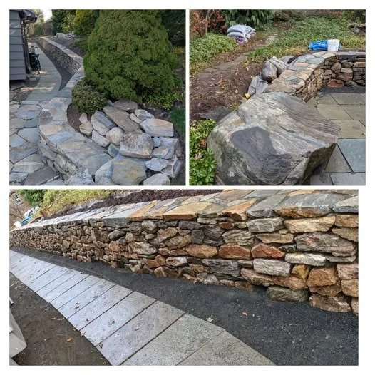 field stone wall with natural cleft bluestone walkway