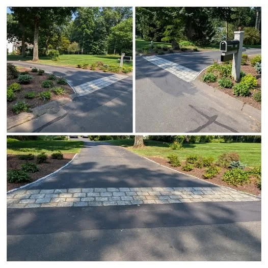 Sequence of three images showing a paved driveway with brick accents, a mailbox, and landscaped garden beds on each side.