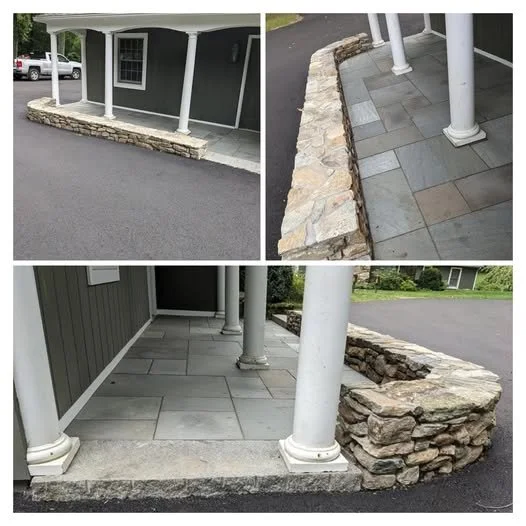 Collage of three photos showing a porch with a stone wall and white columns, gray tiled flooring, and a paved driveway.