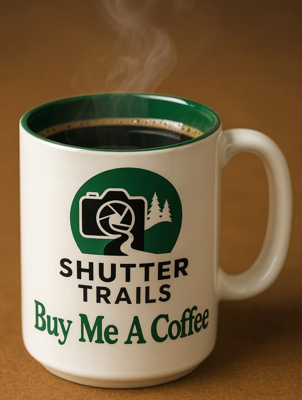 White coffee mug with green interior, steaming hot black coffee, and a logo that reads 'Shutter Trails Buy Me A Coffee' with a camera, trees, and a winding trail design.