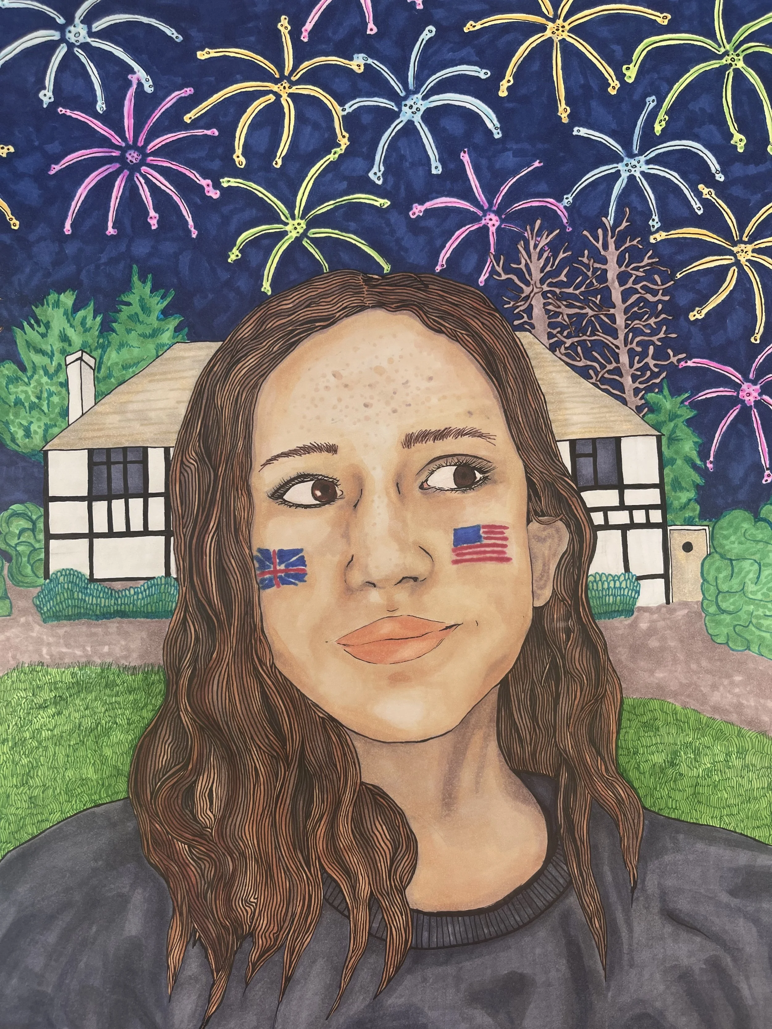 self-portrait at the age of fourteen, done as coursework for Parsons First Year: Integrative Studio 1, alcohol marker and ink (2025)