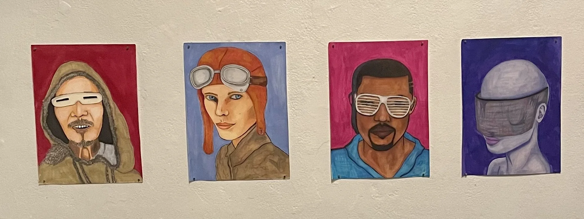history of sunglasses through portraiture, alcohol marker and ink with gouache backgrounds, coursework for Syracuse University VPA Fine Arts: First Year Studio 2 (2023)