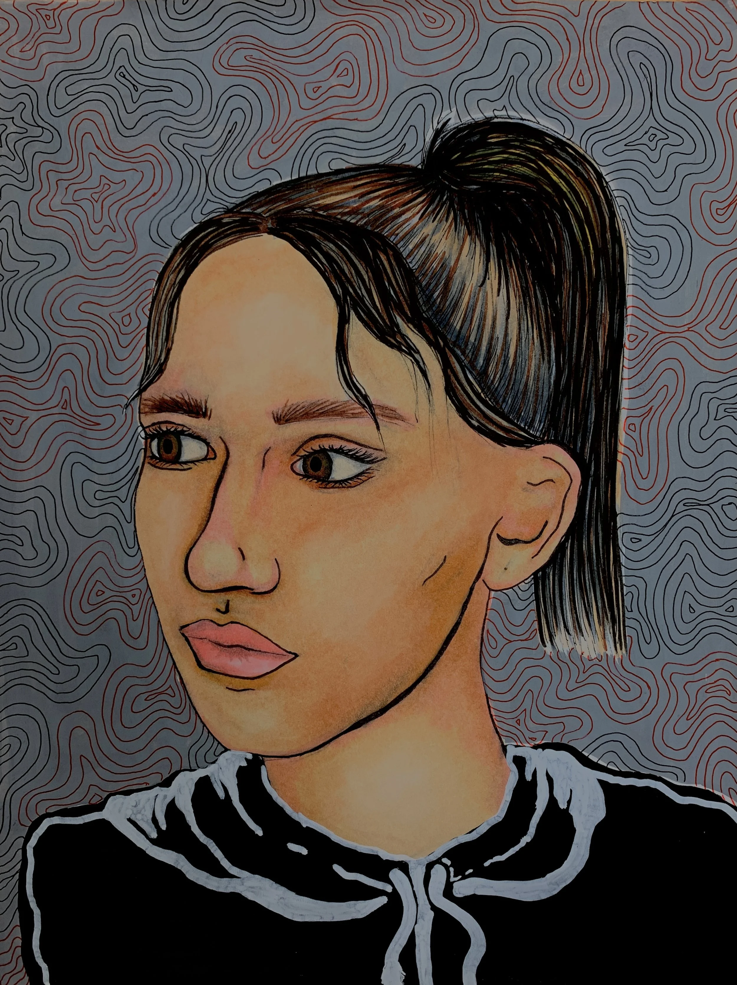 self-portrait, alcohol marker, paint pen, and ink (2020)