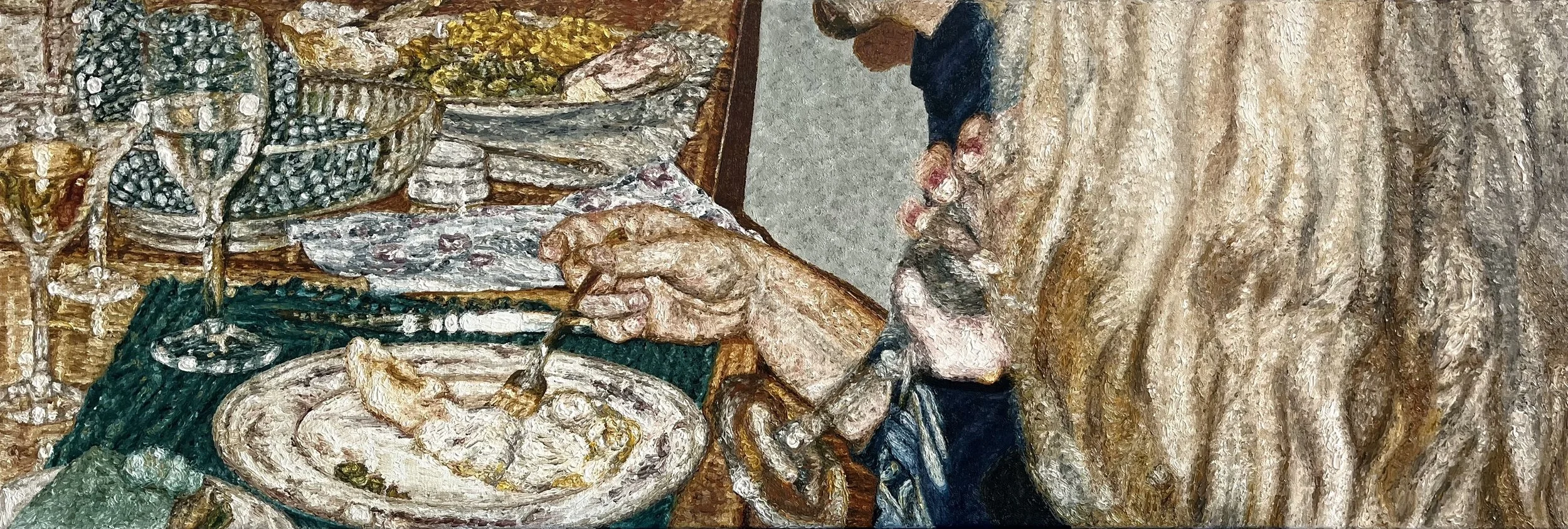 Dinner Party VI, August 2025, Oil on Canvas, 15x44 in.