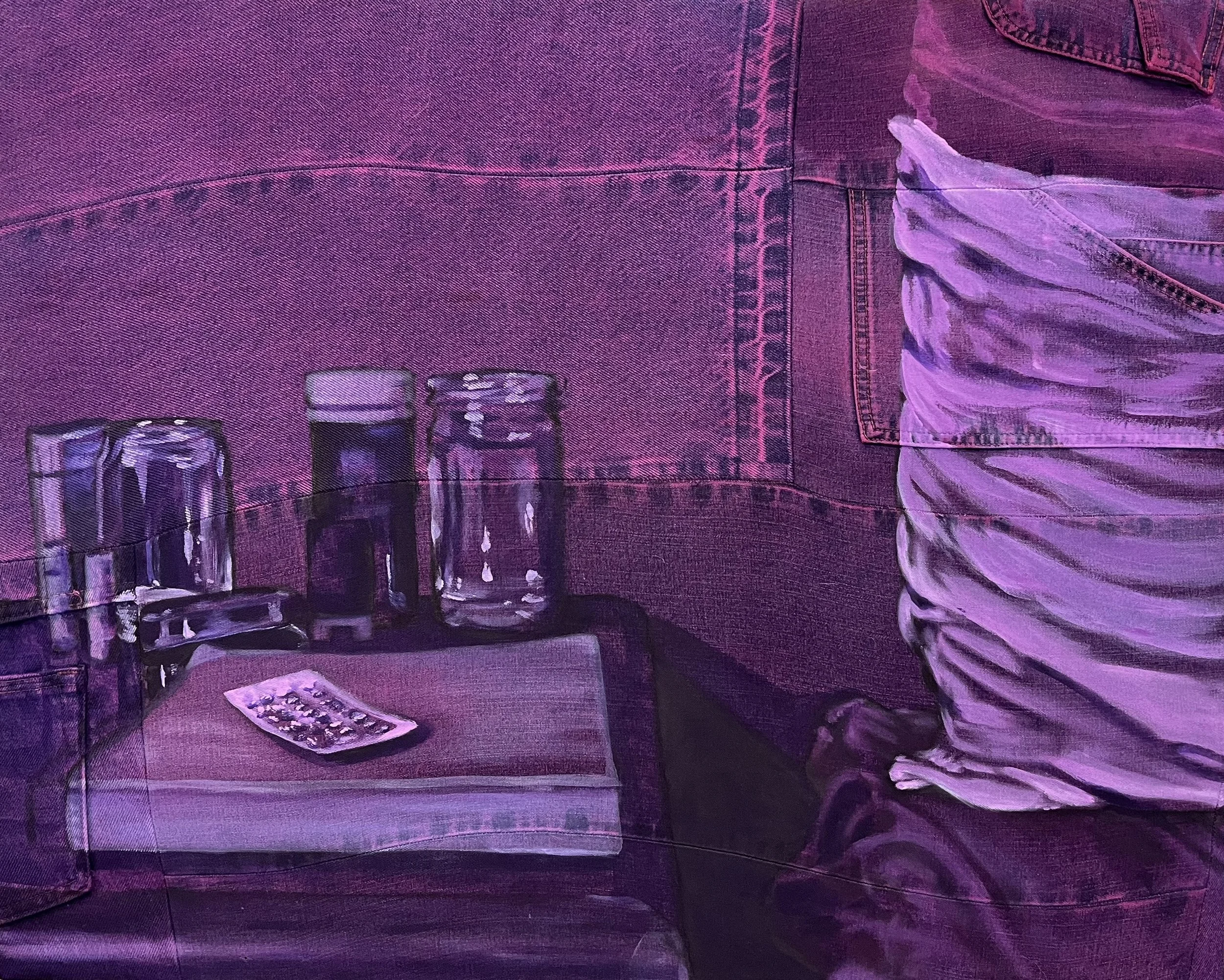 Bedside Manners, October 2023, Acrylic on Denim, 30x36 in.
