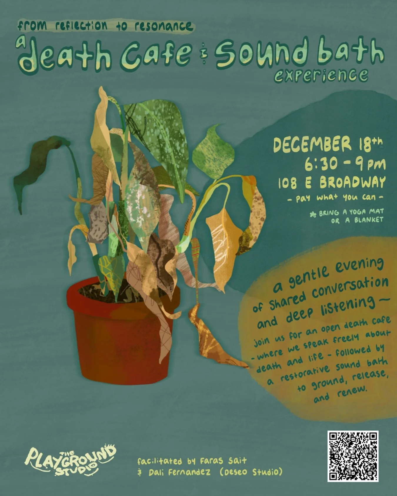From Reflection to Resonance.

Join us for our second iteration of our Death Caf&eacute; and Sound Bath experience. 

What is a Death Caf&eacute;? A death cafe is a space where people, primarily strangers meet to talk about death. The goal is for one