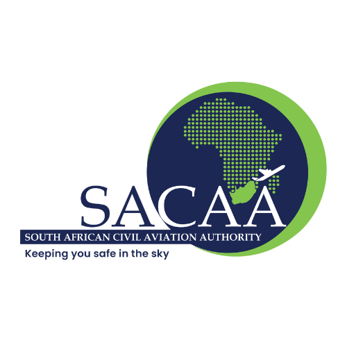 Logo of the South African Civil Aviation Authority featuring a stylized globe with Africa highlighted and an airplane flying over it, along with the text 'SACAA' and the slogan 'Keeping you safe in the sky'.
