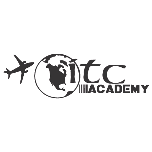 Logo for ITC Academy featuring an airplane, a globe with the Americas visible, and the text 'itc ACADEMY'.
