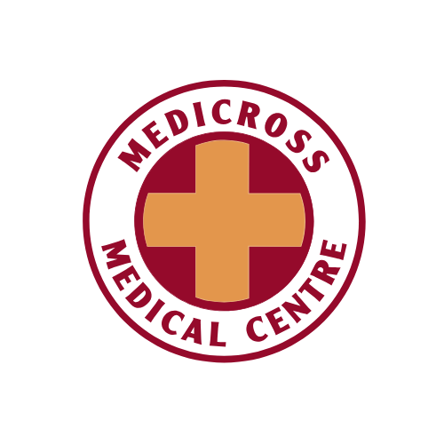 Medicare Cross Medical Center logo with a gold cross in a white circle, surrounded by a maroon ring with the text 'Medicross Medical Center'.
