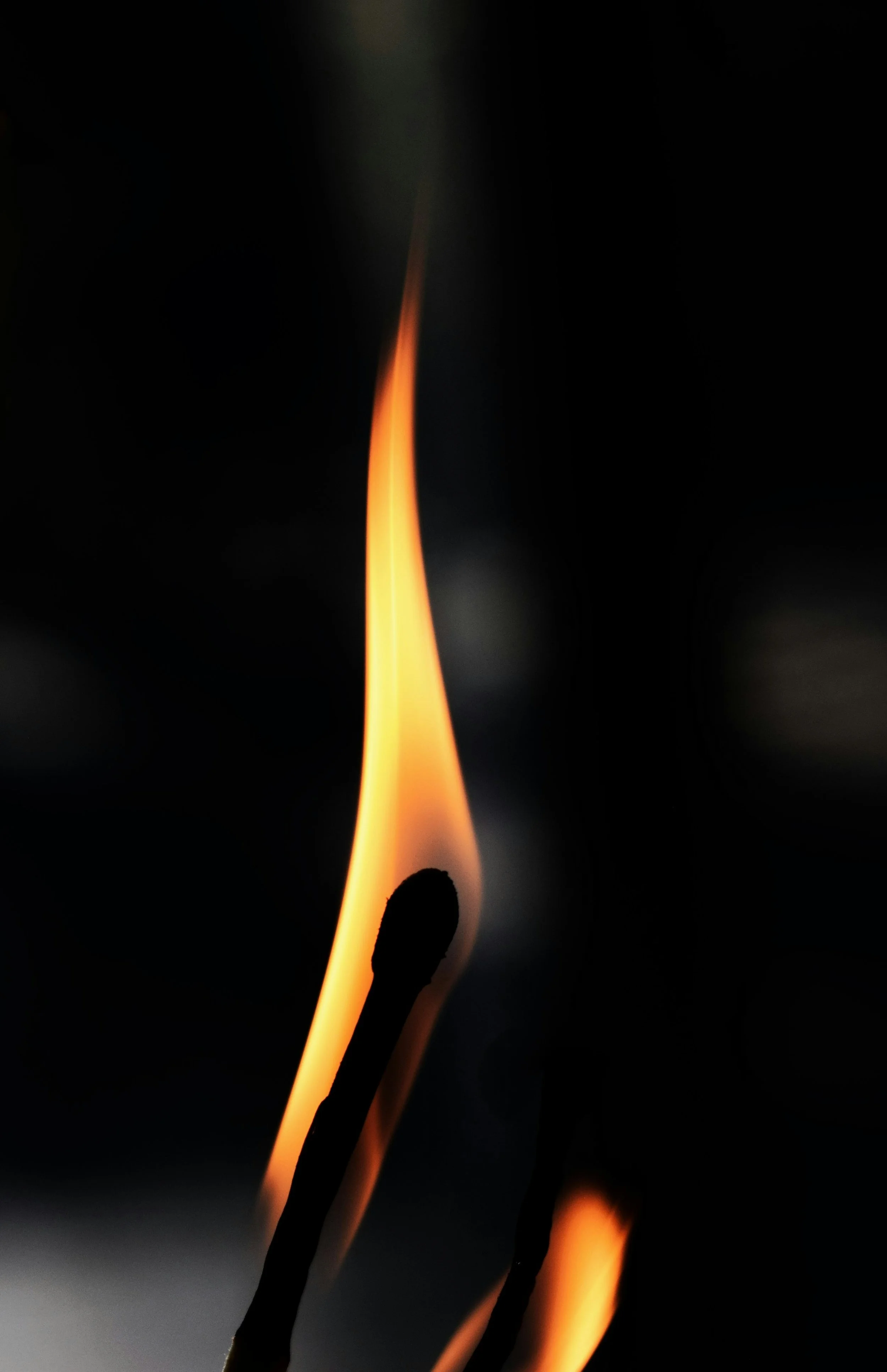 Close-up of lit matchsticks with flames against a dark background.