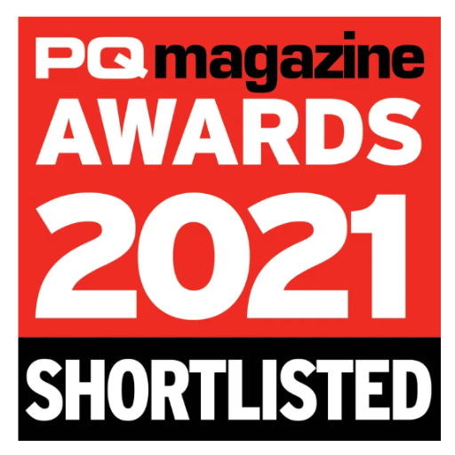 PQ Magazine Awards 2021 Shortlisted logo in black, red, and white bold text.