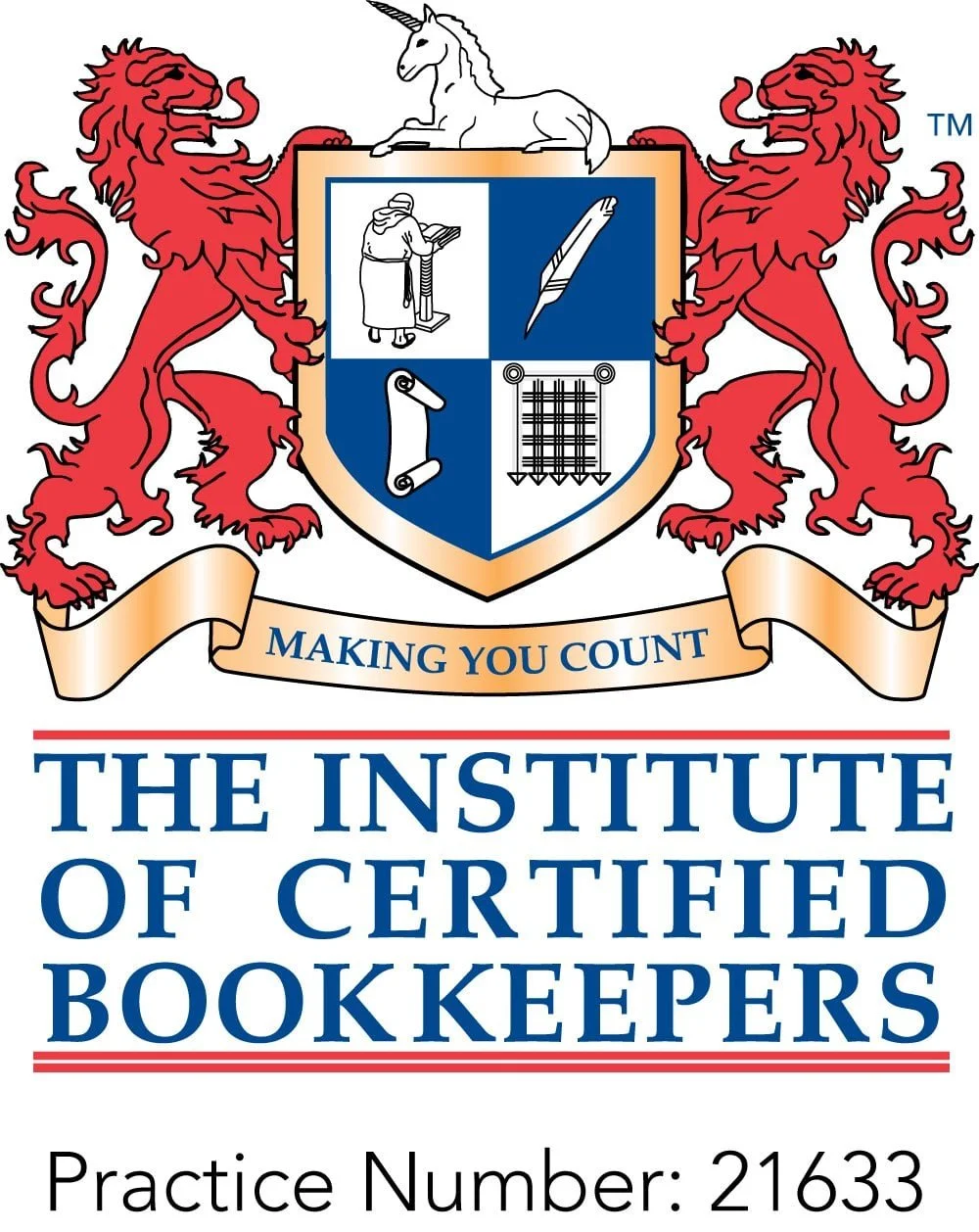 The emblem of the Institute of Certified Bookkeepers featuring a shield with symbols of a person reading, a quill, a scroll, and a checkered pattern, flanked by two red lions, with a unicorn on top, and the motto "Making You Count."