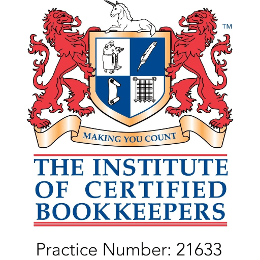 The Institute of Certified Bookkeepers crest with red lions, a unicorn, and text: Practice Number: 21633.