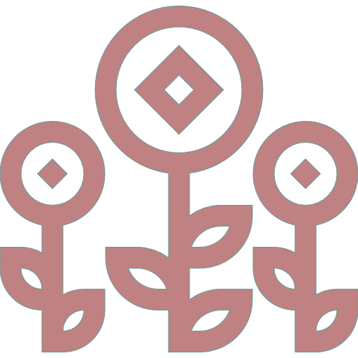 Stylized flower illustration with three flowers and diamond shapes inside. Purple outline on black background.