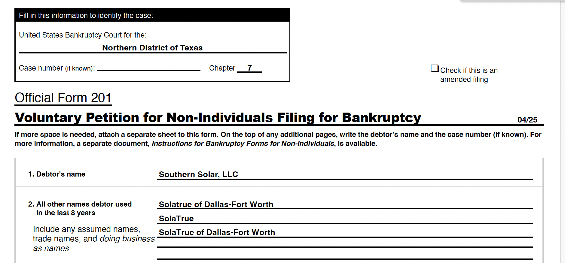 Southern Solar Petition for Chapter 7 Bankruptcy