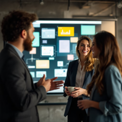 Three people in business attire having a discussion in front of a large screen displaying various digital charts and graphs.