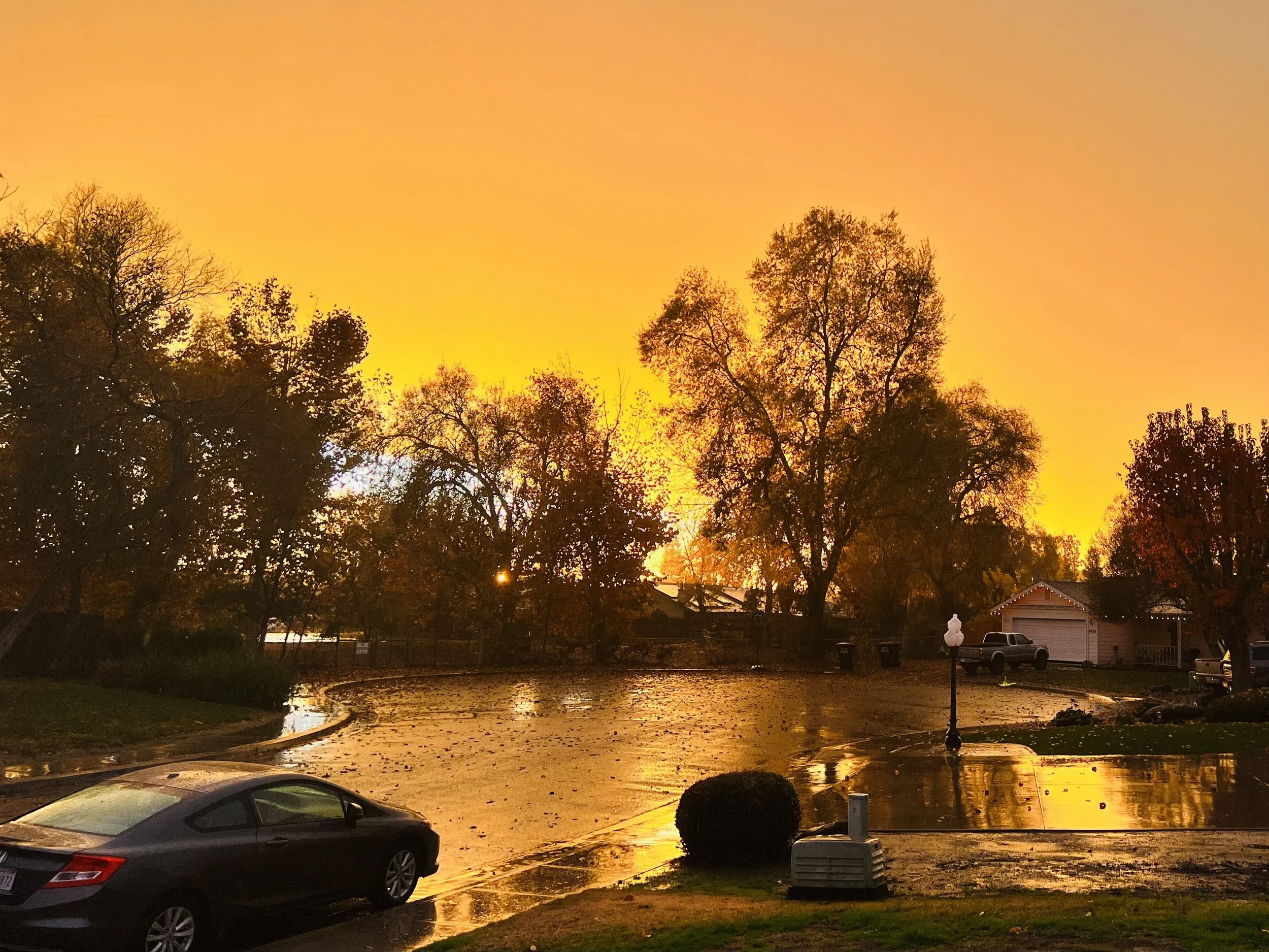 Sunset over a residential neighborhood with wet streets and parked cars, surrounded by trees with autumn foliage.