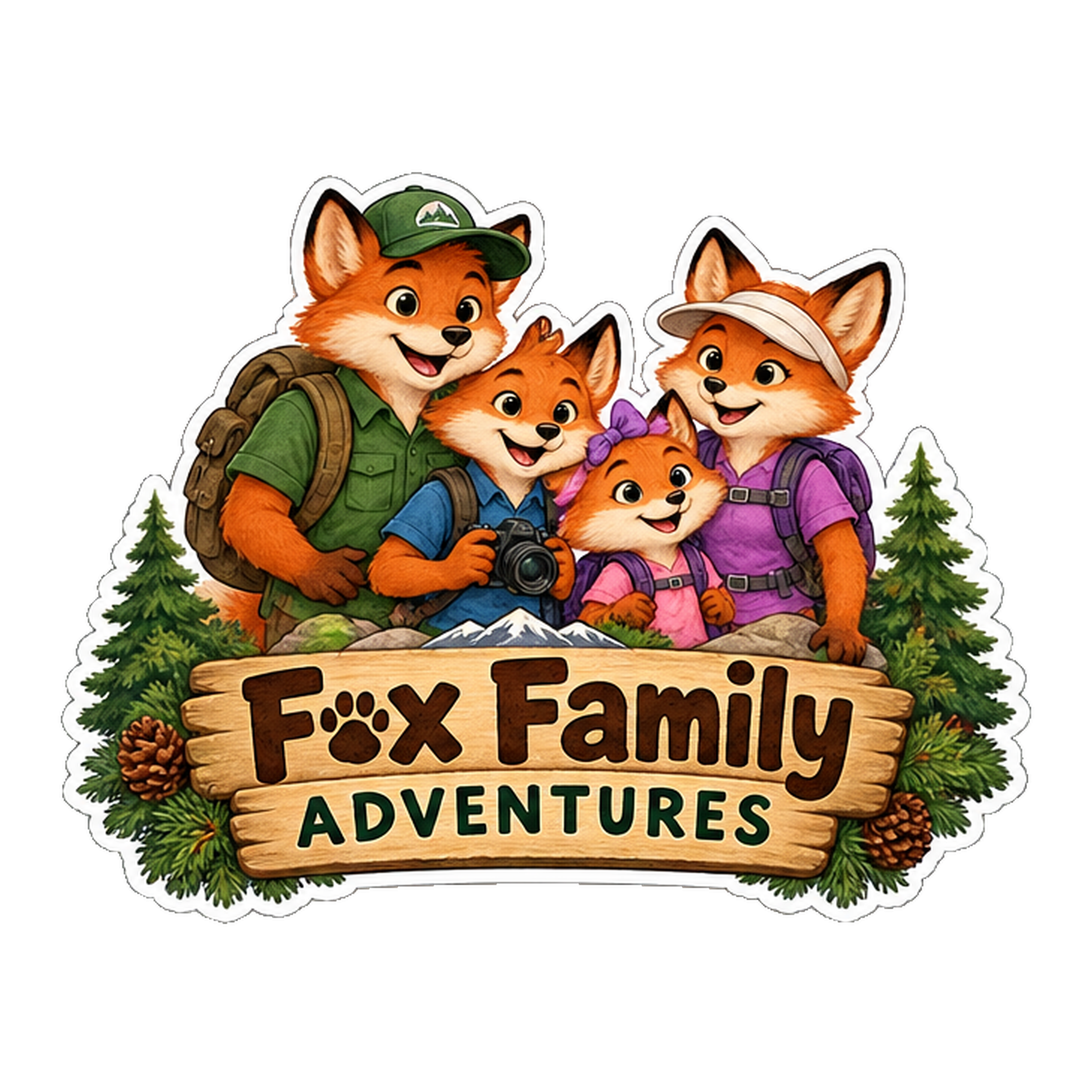 Fox Family Adventures: Dad, Mom, Ben, and Emily beside a wooden sign and evergreen trees.