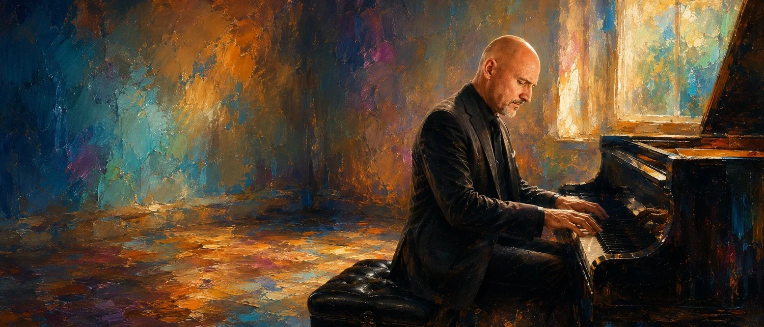 Painted portrait of Chris Gorges playing piano in warm window light