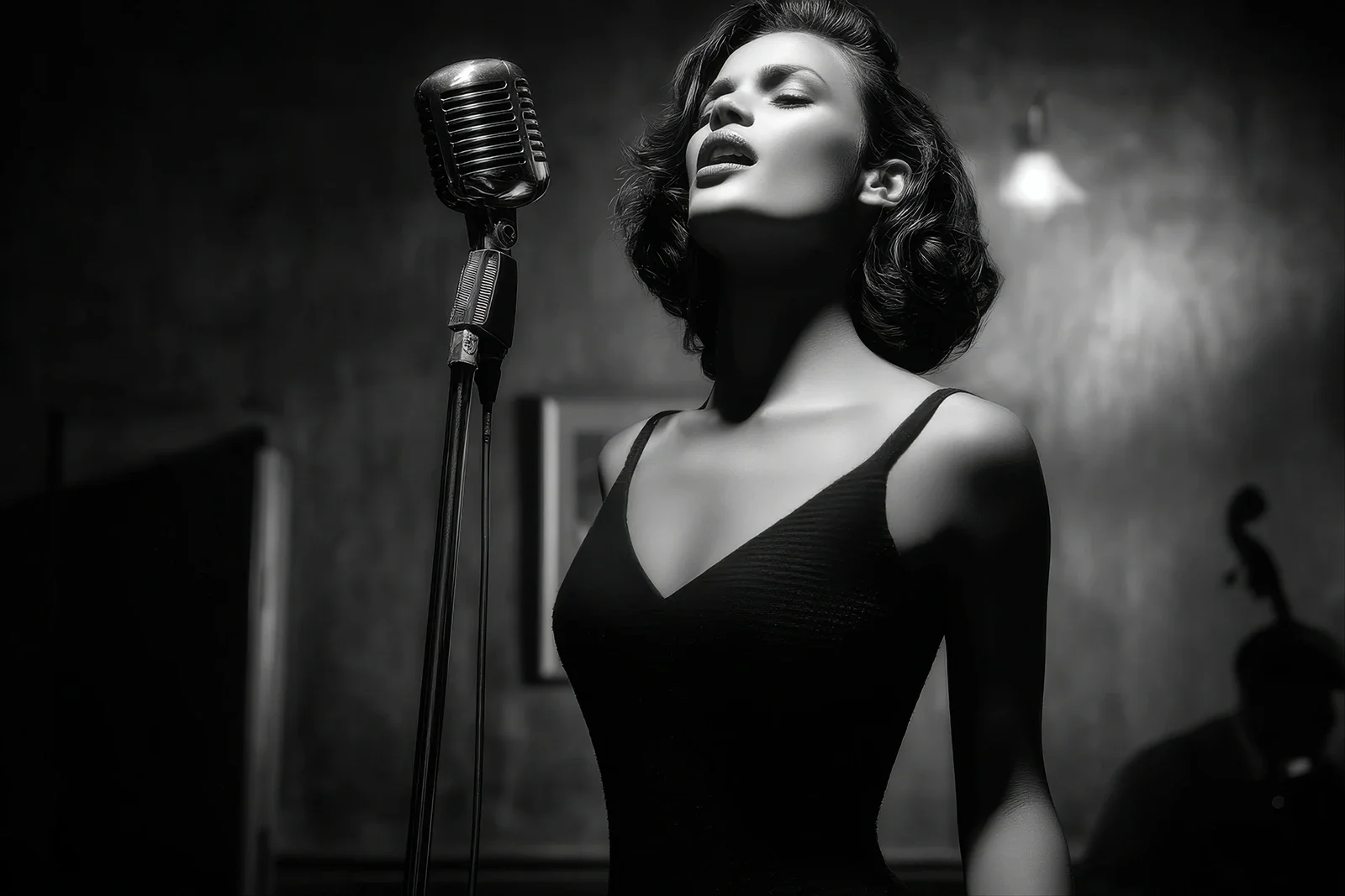 Beautiful Portuguese woman singing Fado passionately into a vintage microphone in a dimly lit Fado House in Lisbon, Portugal.