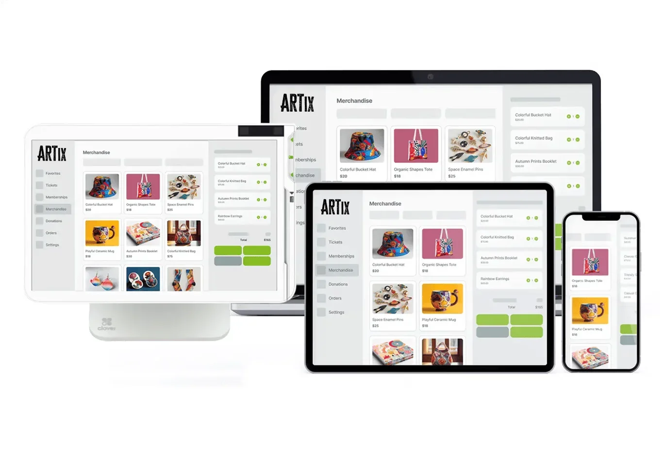 Online merchandise store powered by Artix displayed on multiple devices, featuring colorful accessories and gift items.