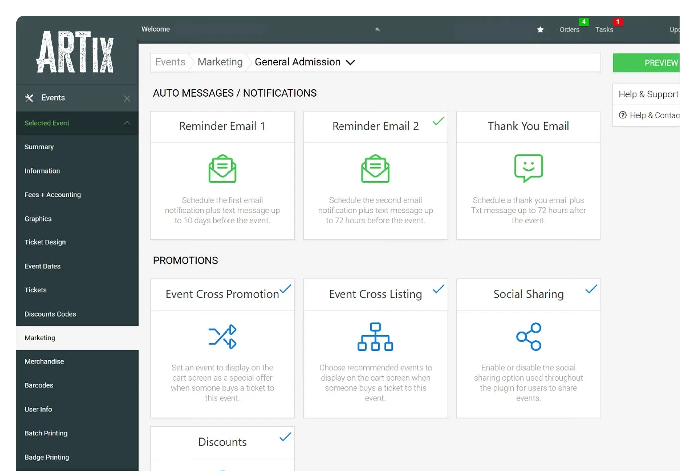 Artix platform dashboard showing auto-messaging, promotional tools, and notification settings for event management.