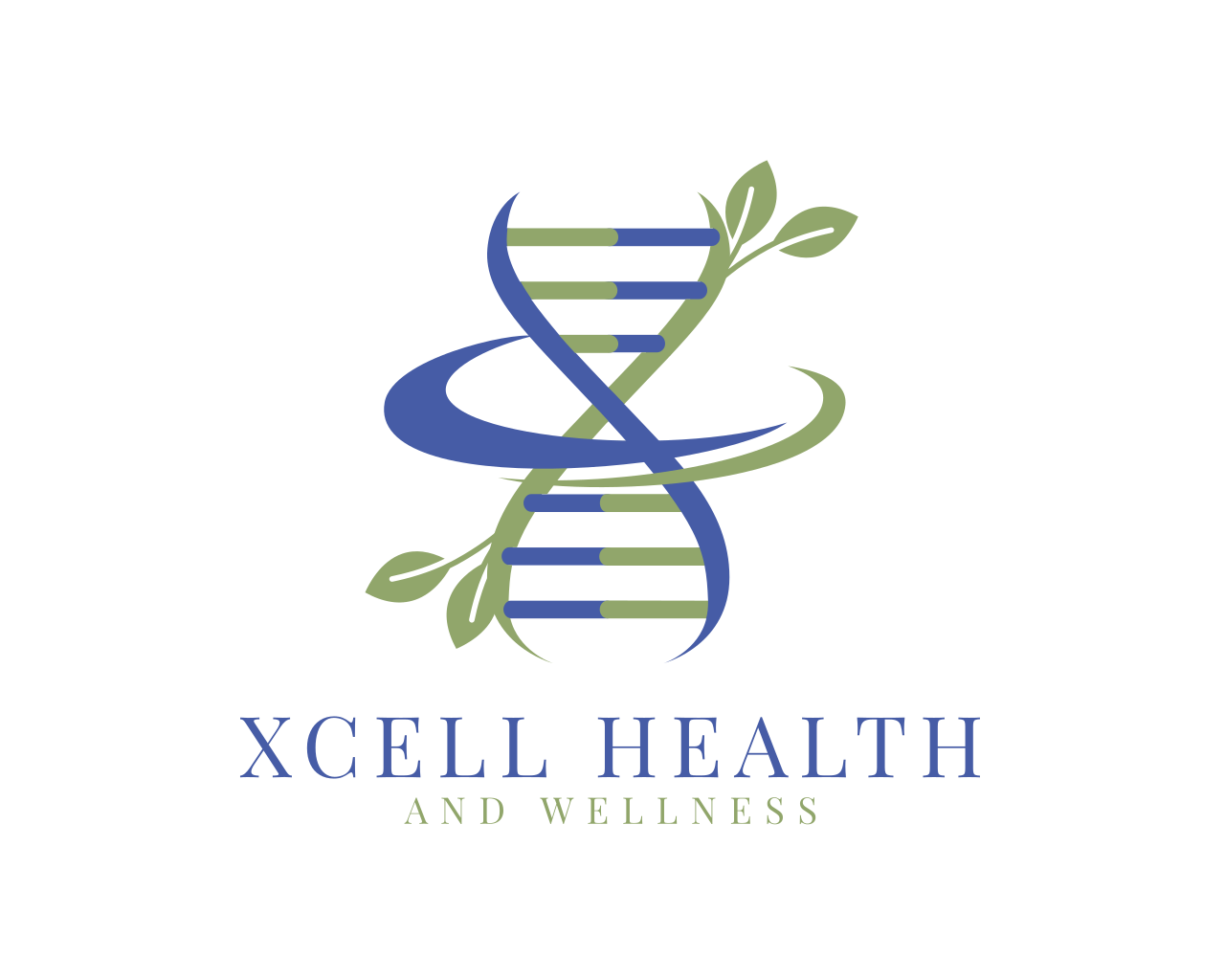 Logo for Xcell Health and Wellness featuring a stylized DNA strand intertwined with a leaf and circular swoosh, with the words 'Xcell Health and Wellness' beneath. Hormone replacement therapy and medical weight loss