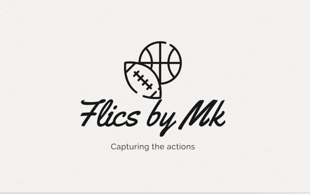 Logo for Flics by Mk with illustrations of a basketball, football, and soccer ball, and the tagline 'Capturing the actions'.