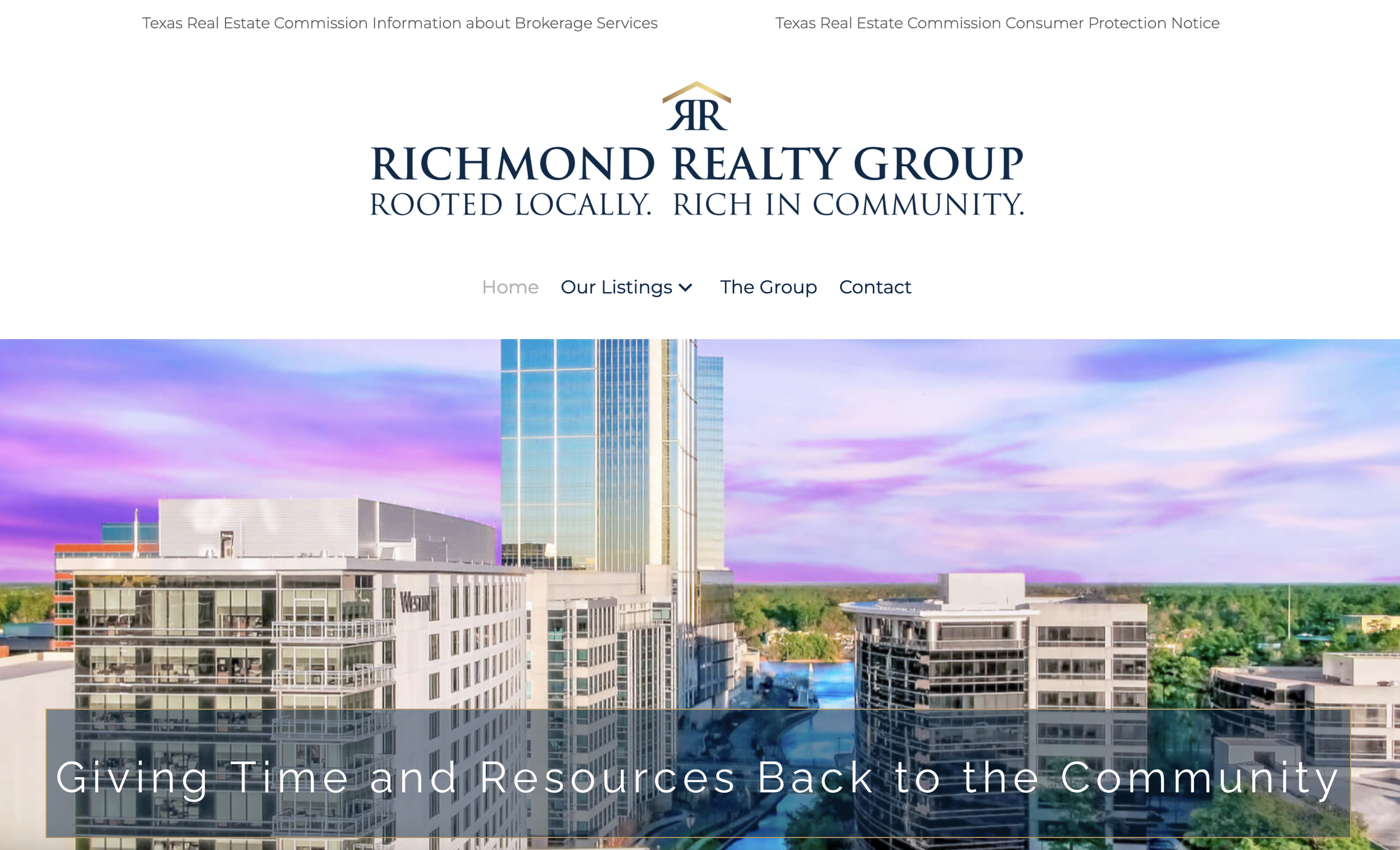 Screenshot of the homepage of Richmond Realty Group's website, featuring a cityscape with tall modern buildings against a colorful twilight sky, and the text 'Giving Time and Resources Back to the Community' overlaying the image.