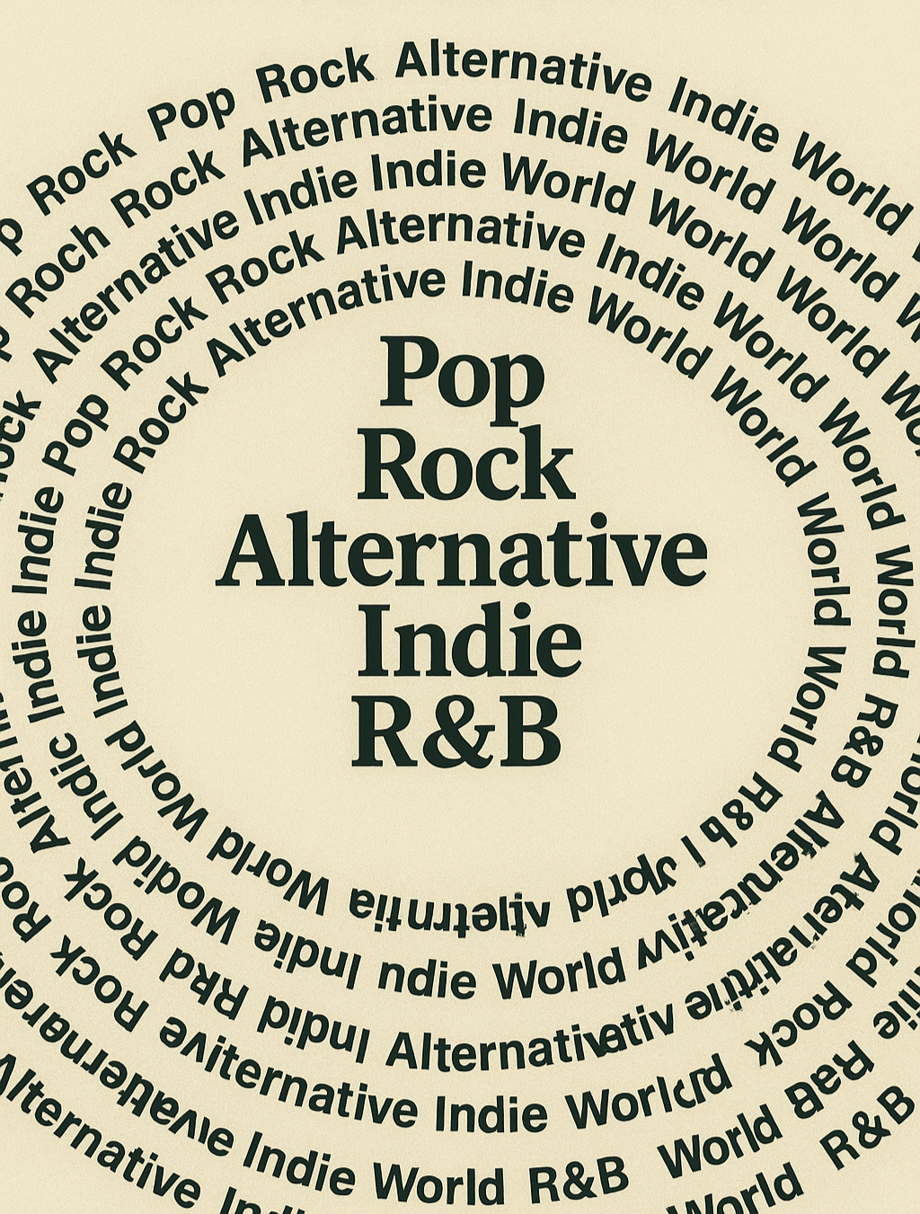 Text reading "Pop Rock Alternative Indie R&B" arranged in a spiral pattern.