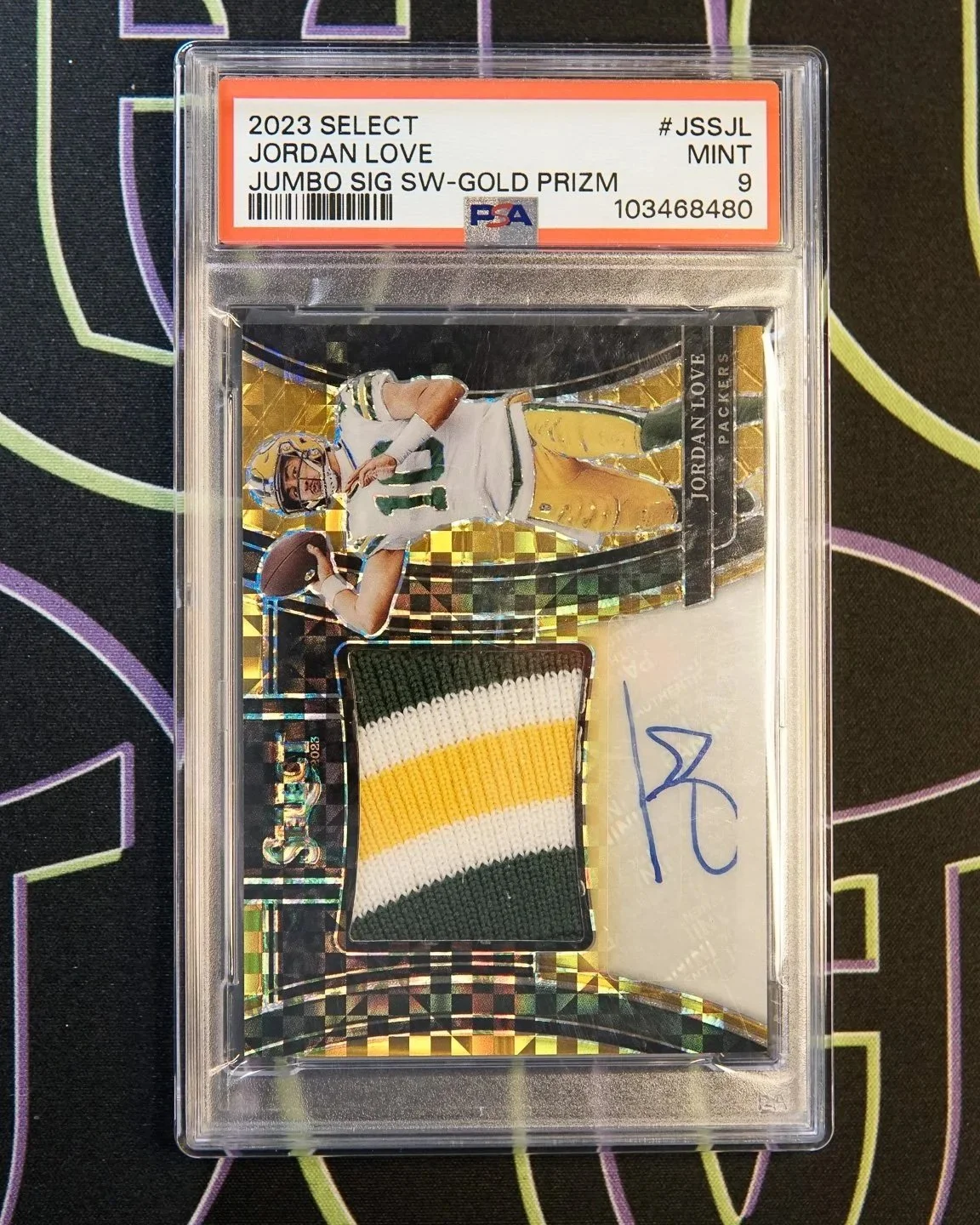2023 Select Gold Prizm Jordan Love Jumbo Patch Auto #7/10 – PSA 9
