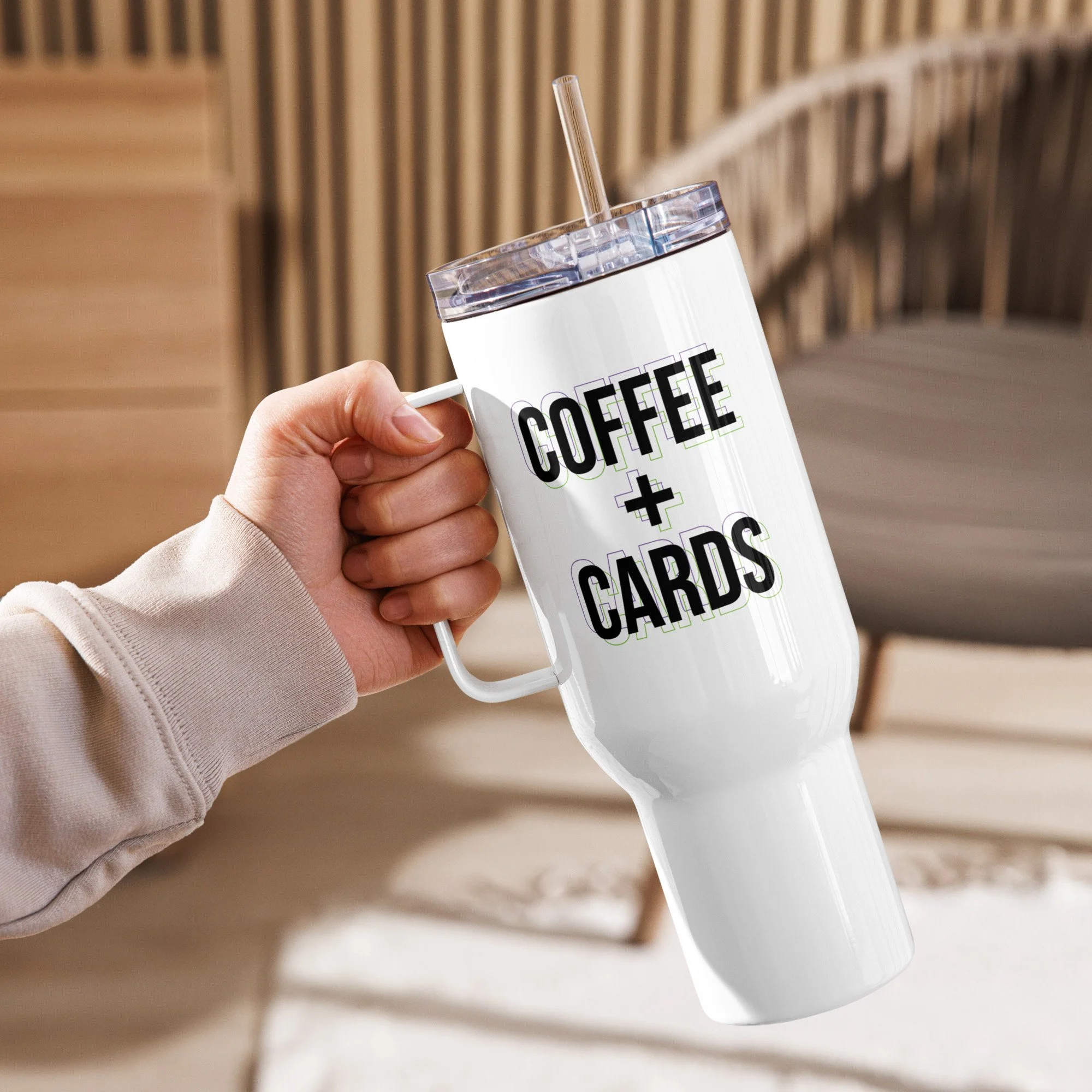 Coffee + Cards Travel mug with a handle
