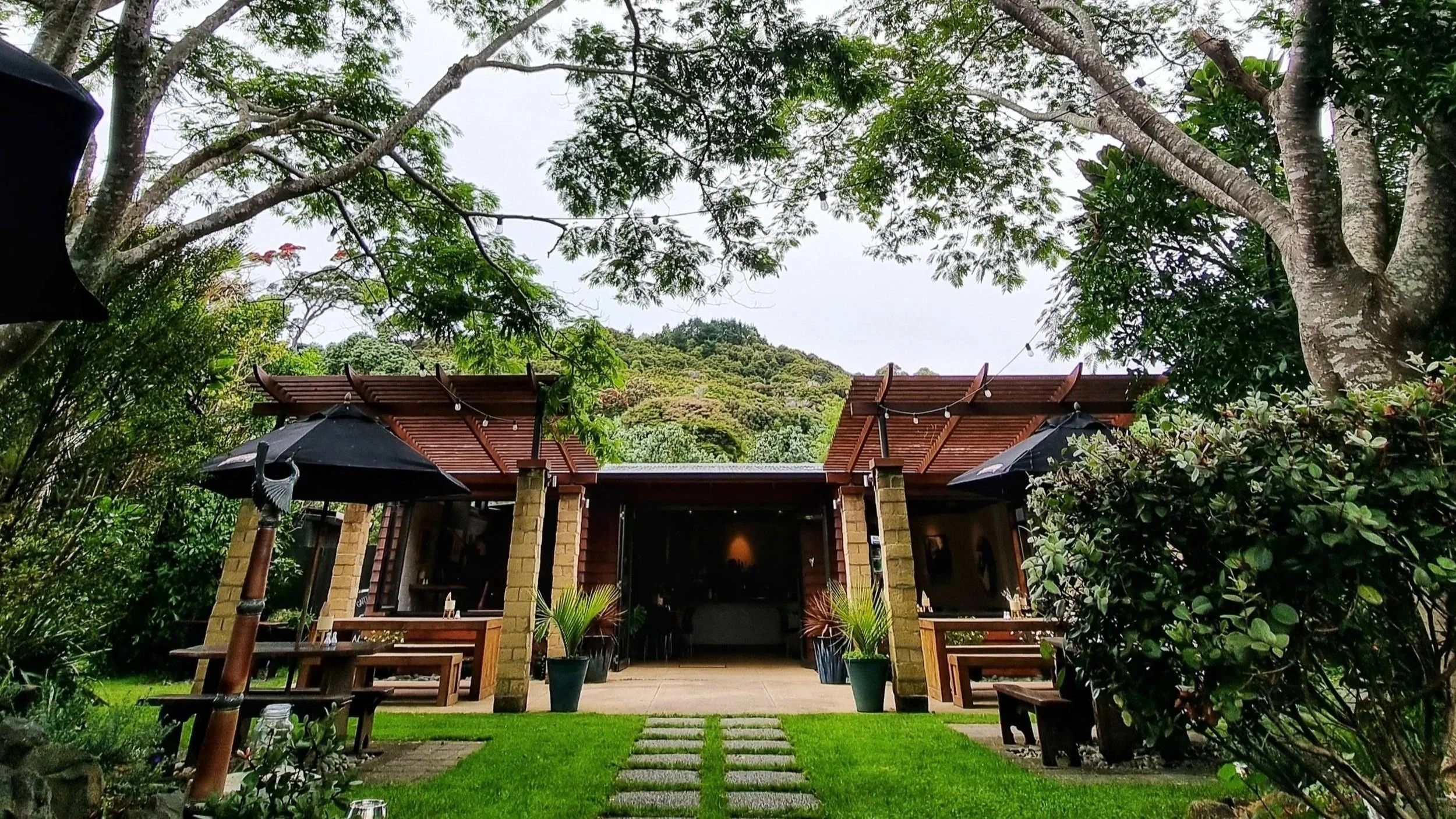 A cozy outdoor patio of a modern house surrounded by lush greenery and trees, with a grass lawn, stone pathway, patio furniture, and umbrellas.