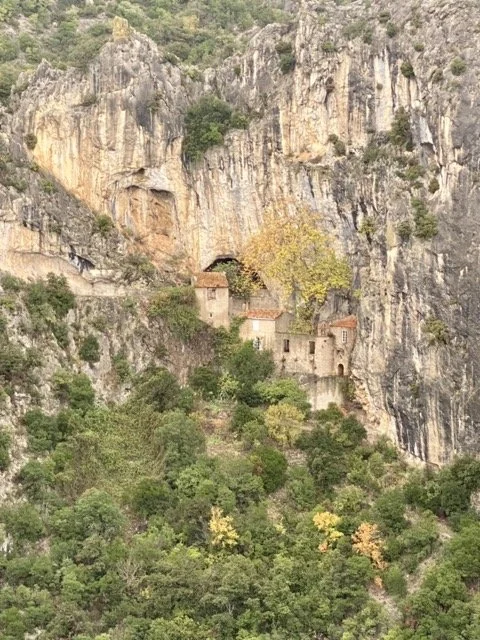 Ancient cliffside monastery built into a rugged rocky mountain with lush green trees at the base and on the slopes.