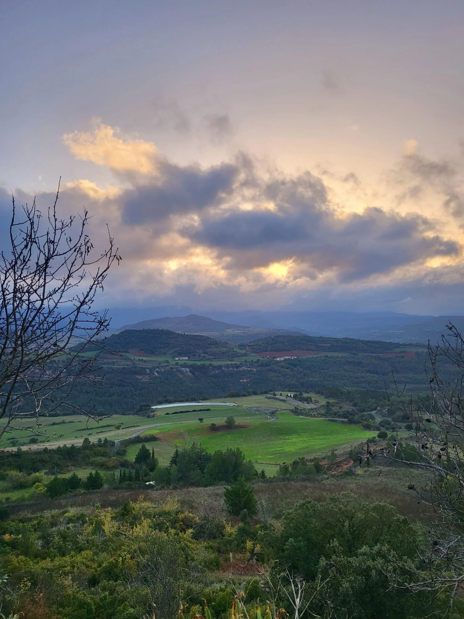 Scenic landscape with rolling green hills, sparse trees, distant mountains, and a sky with clouds illuminated by the setting or rising sun.