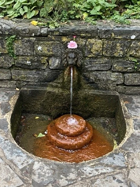 Stone fountain with a lion head spout, water flowing into a tiered basin, topped with a pink flower and surrounded by greenery.