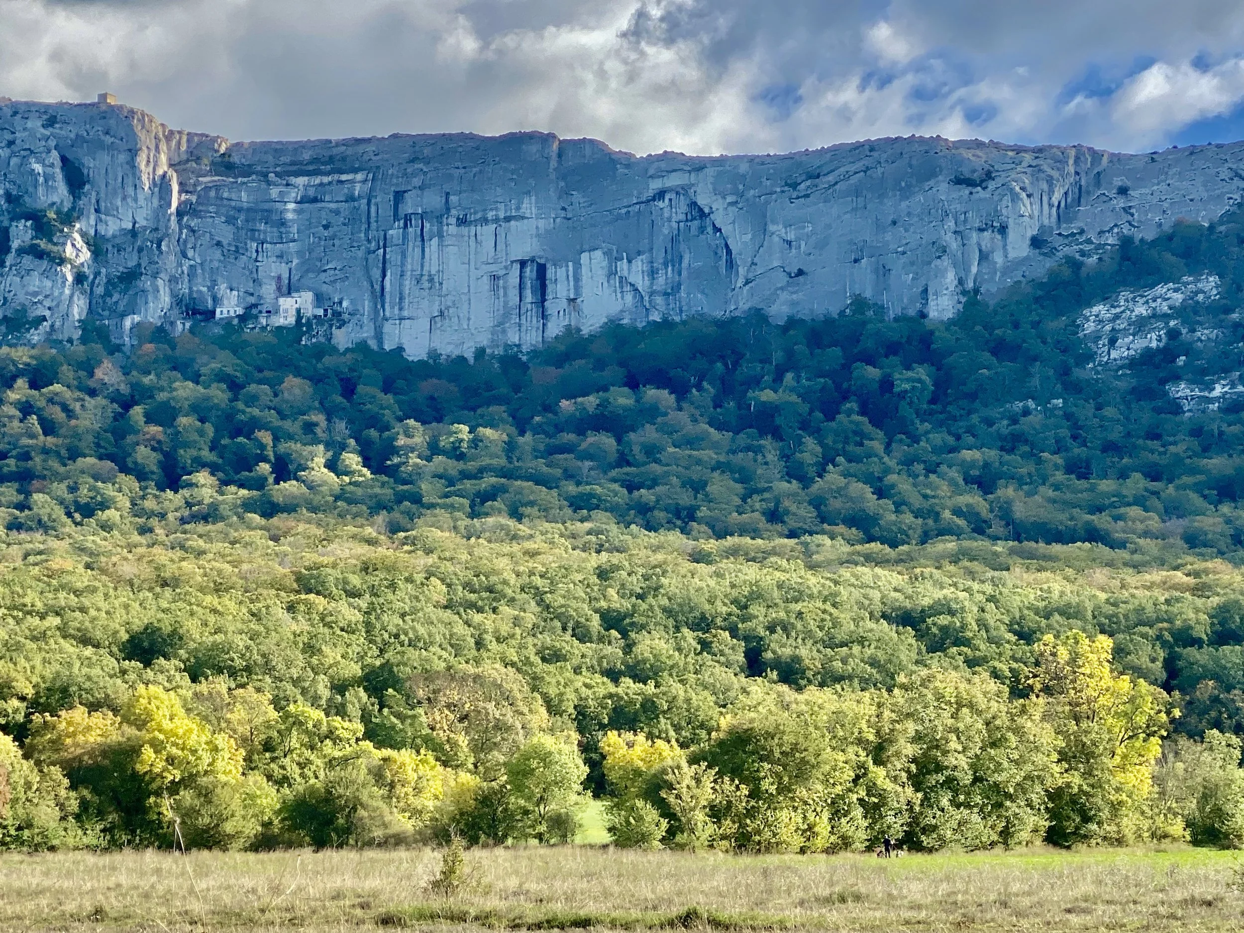 A landscape with a forested hillside and a mountain in the background with steep cliffs. There is a house or building on the mountain and a couple of people walking in the grassy field at the bottom.