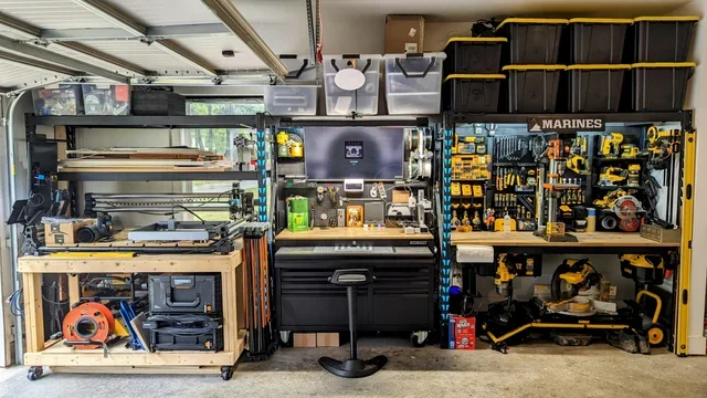 Garage workshop with power tools, storage bins, and work benches.