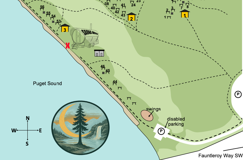 Map of a park area along Puget Sound showing designated camping spots numbered 1, 2, 3, a swings area, disabled parking, and a patrol symbol. The map features a compass rose pointing north, a boat on the water, and small icons indicating facilities and points of interest.