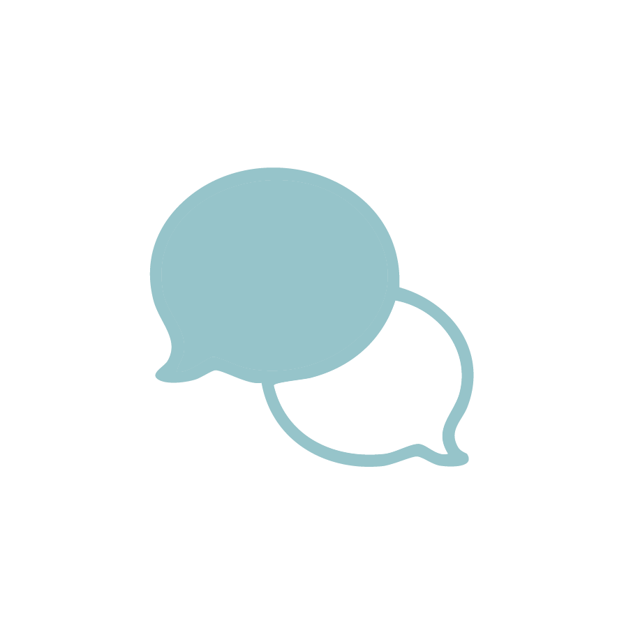 Two overlapping speech bubbles, one light blue and one white, on a black background.