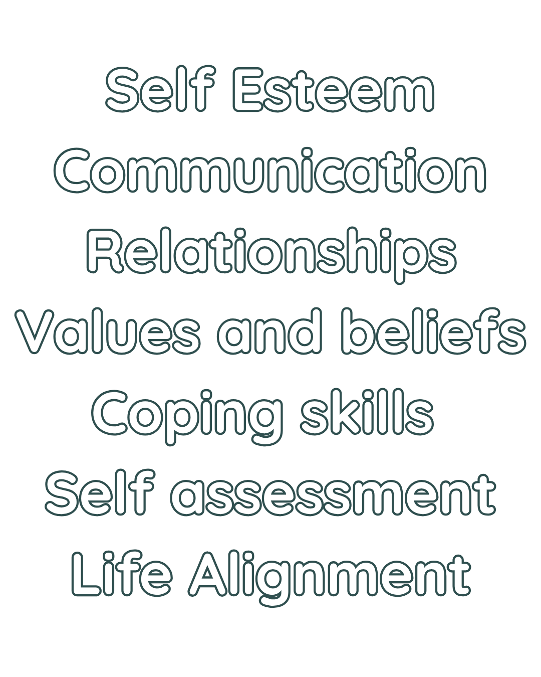List of personal development topics including self-esteem, communication, relationships, values and beliefs, coping skills, self-assessment, and life alignment.