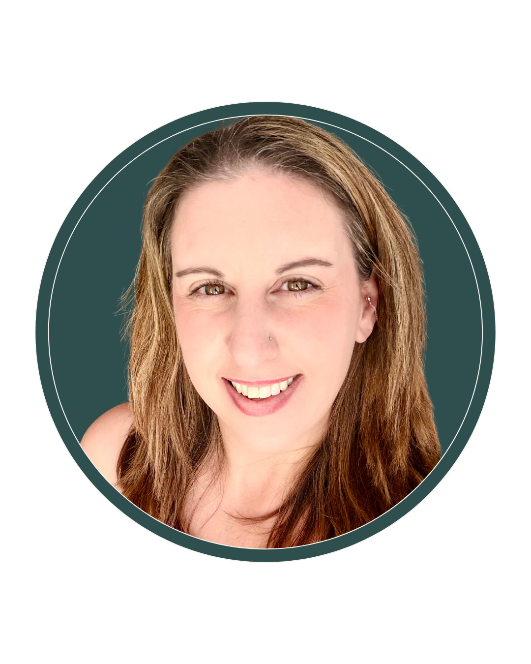 Close-up portrait of a woman with long, wavy brown hair, smiling with teeth showing, light makeup, and a nose piercing, set against a circular teal background.
