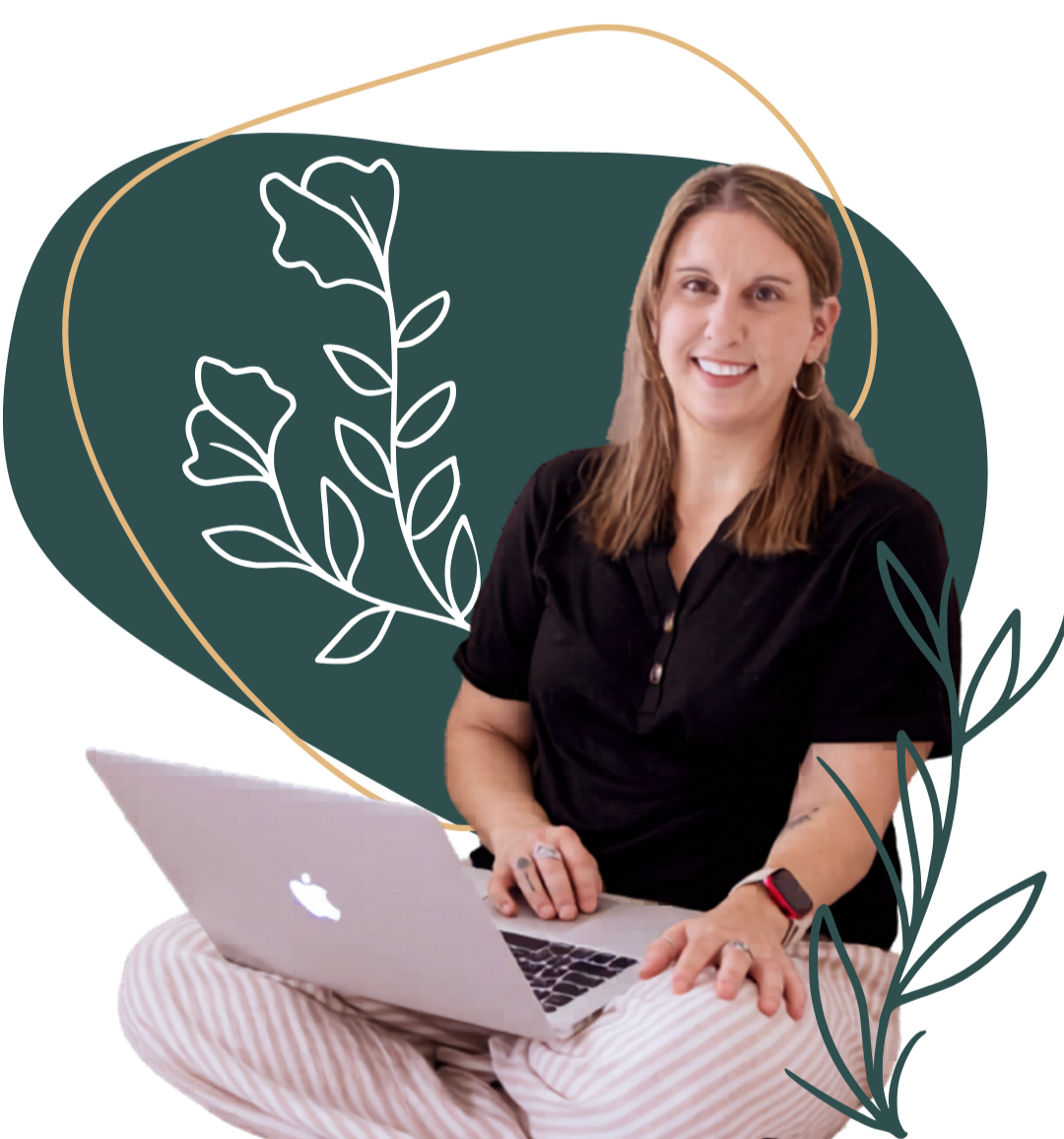 A woman sitting cross-legged with a silver MacBook on her lap, smiling, with hand on the keyboard, wearing a black shirt, striped pants, and a smartwatch, against a dark green background with white line art of flowers and leaves.