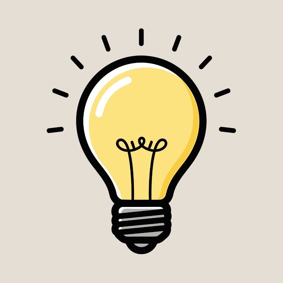 Illustration of a glowing light bulb with lines radiating outward, against a light beige background.