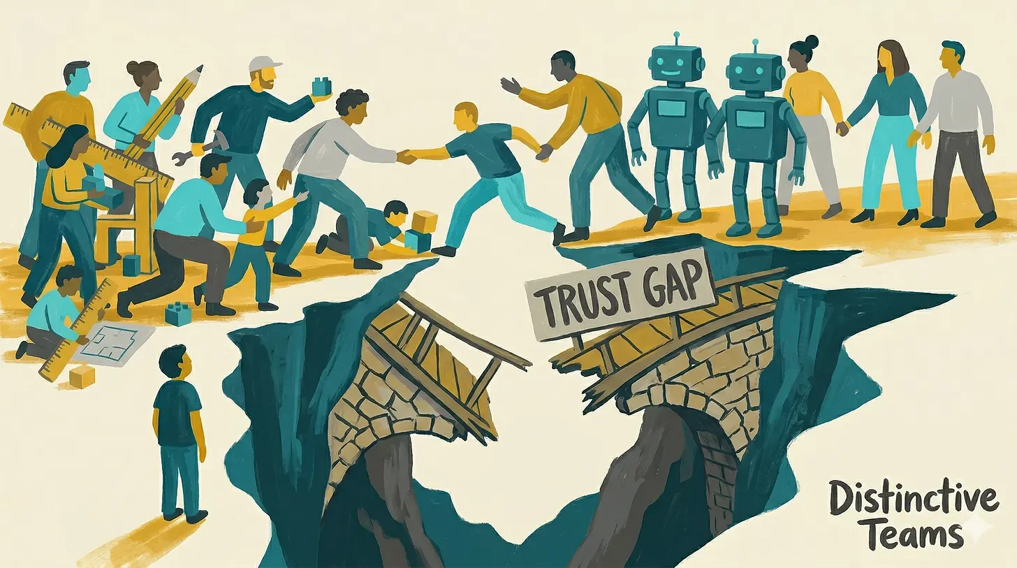 a cliff chasm with people on either side trying to help each other across the broken bridge