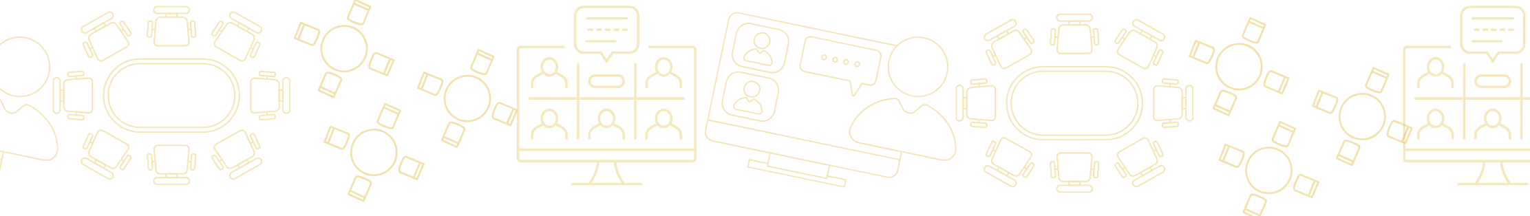 Line drawing of virtual meeting icons, including computers, chat bubbles, and people in profile and group views, on a black background with yellow outlines.