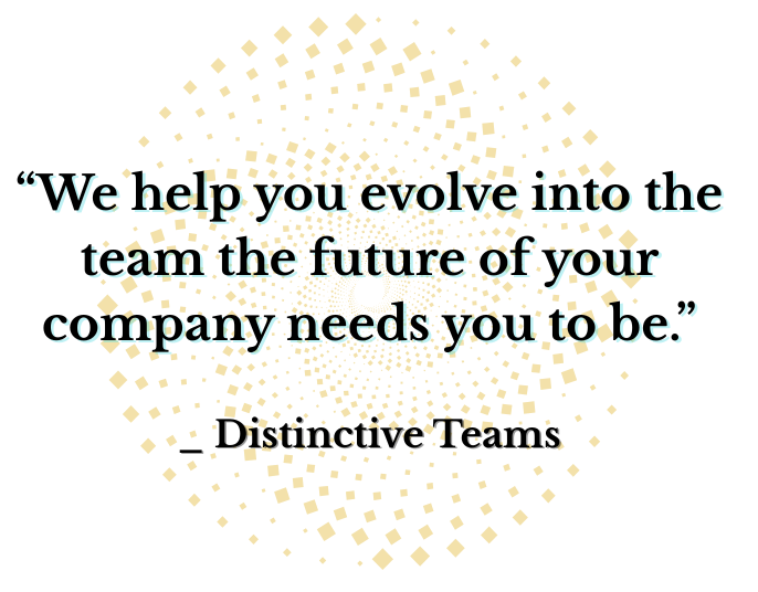 Inspirational quote about teamwork and future company needs over a swirling pattern of gold squares on a black background.