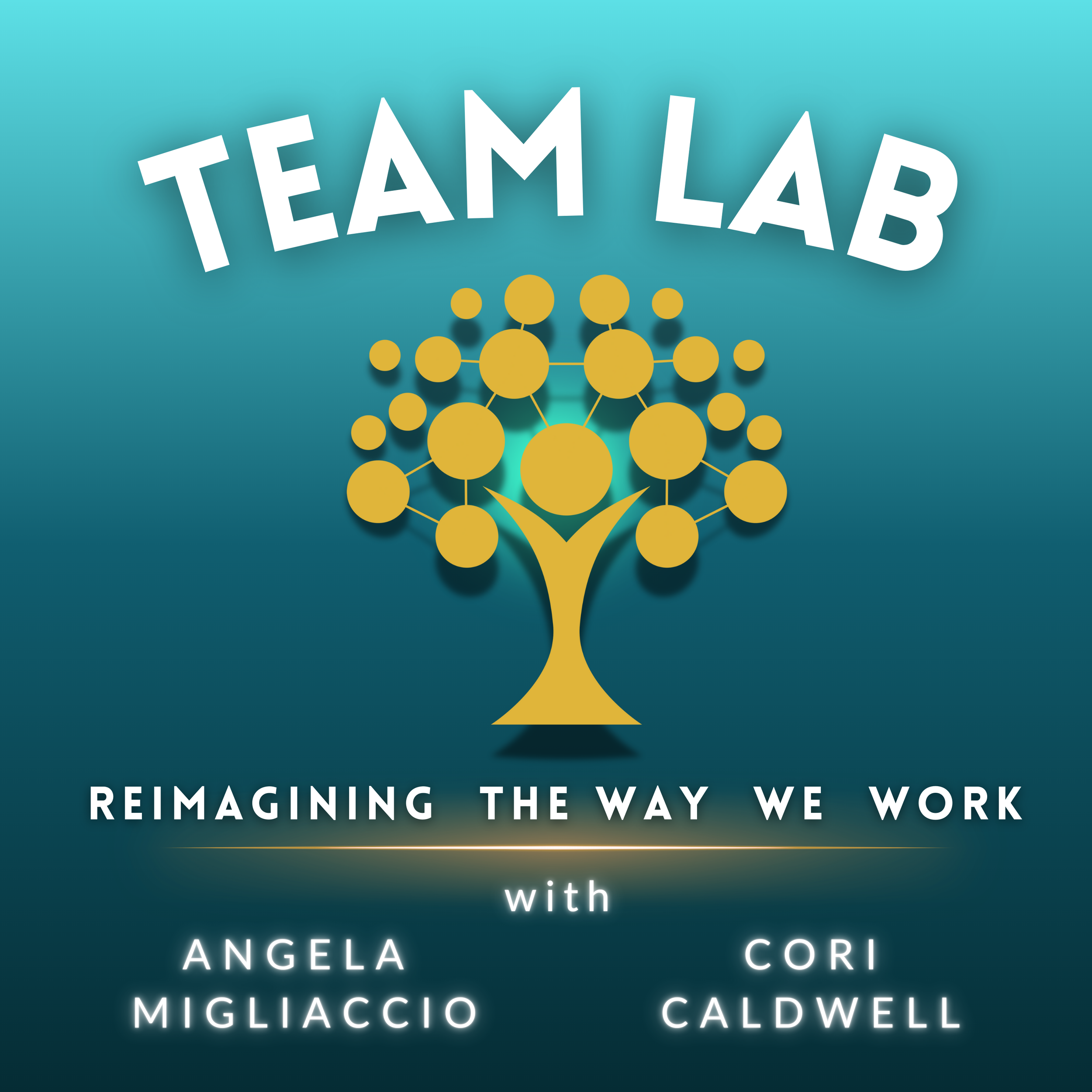Book cover featuring a stylized tree with interconnected circles in gold and the text 'Team Lab: Reimagining the Way We Work with Angela Migliaccio and Cori Caldwell' on an aqua background.