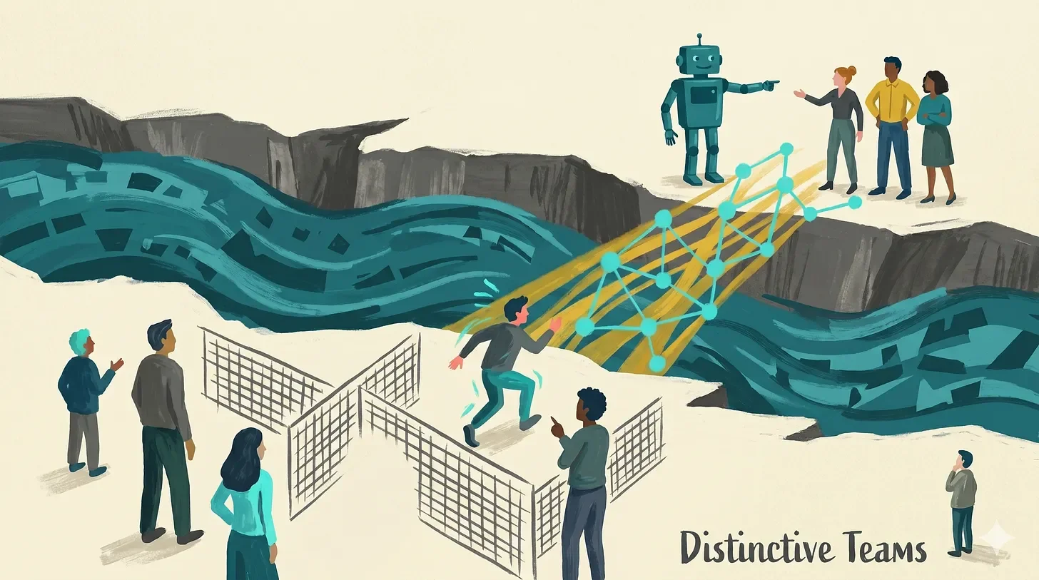 people and robots crossing a chasm on a bridge of digital light